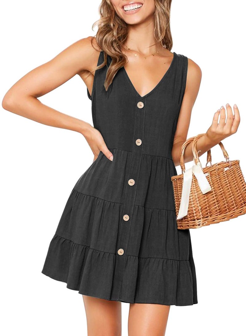MITILLY Women's Summer Sleeveless V Neck Button Down Casual Pocket Swing Short Dress Medium Black - Image 1